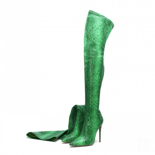 green snakeskin thigh high boots